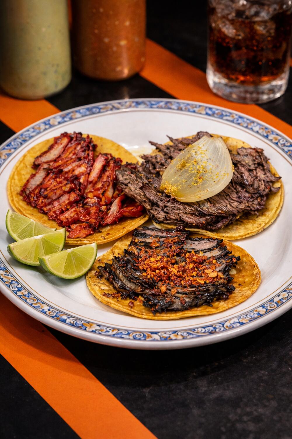 Tres tacos de Central en plato de talavera: pastor rojo, picaña y pastor negro