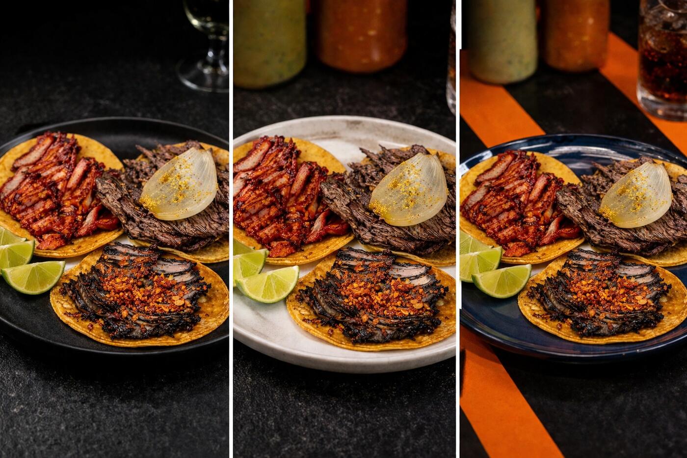 Los tres tacos de Central montados en tres vajillas distintas
