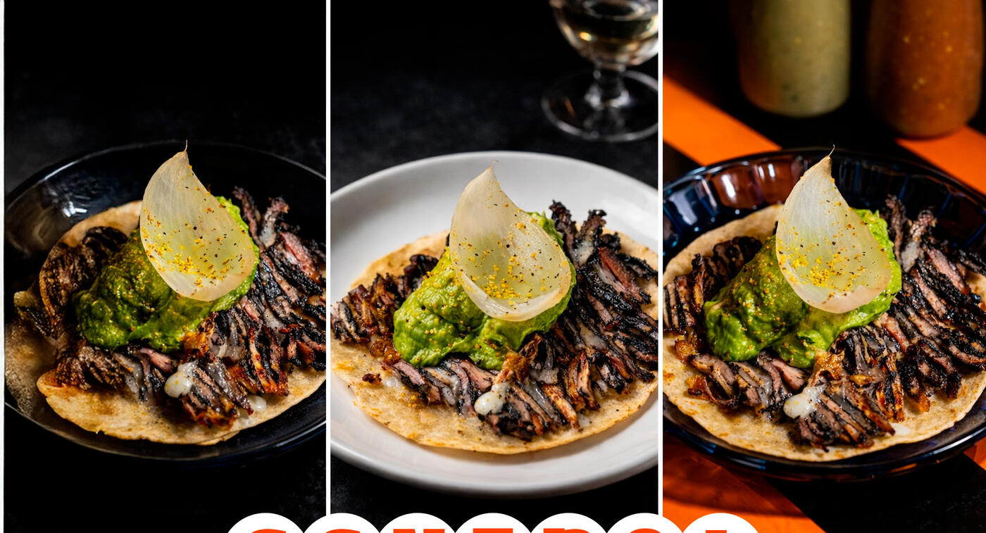 Taco de picaña de Central fotografiado en tres montajes distintos